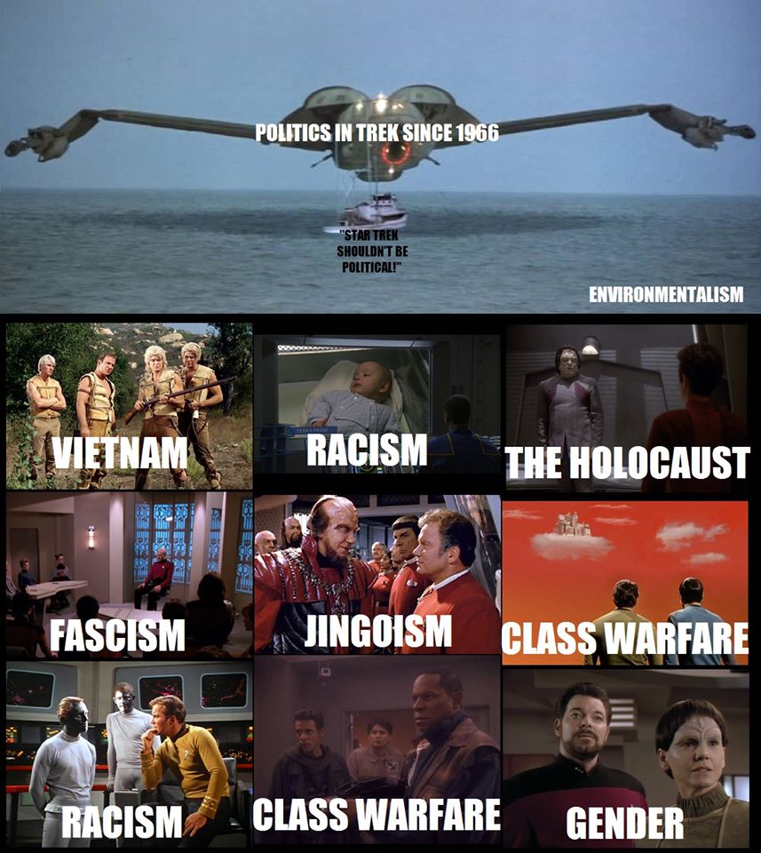 This meme is a humorous comparison of the Star Trek franchise's portrayal of politics in different eras. The image features a Star Trek spaceship flying over a series of iconic scenes from the franchise, with the names of various -isms (e.g. racism, fascism, communism) superimposed over them. The text "Politics in Trek since 1966" appears above the spaceship.
